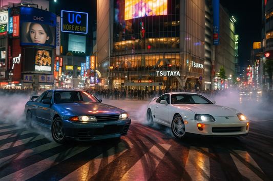 R32 GTR and Toyota Supra Drifting Through Shibuya  Wall Poster Print Free Delivery
